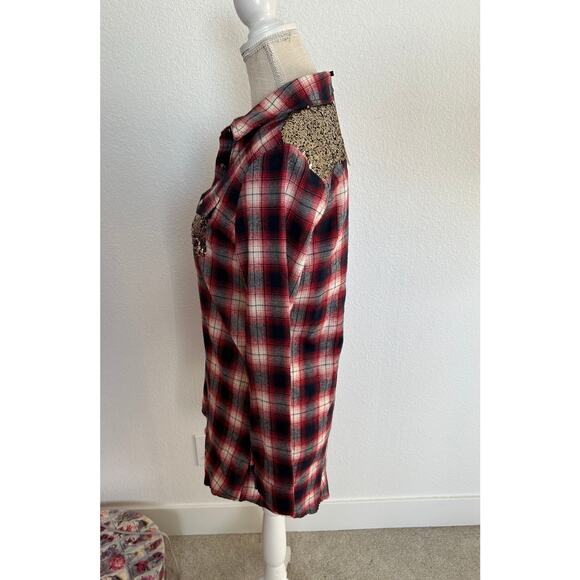Southern Fried Chics Red and Navy Sequin Accented Button Down Flannel - M - Picture 2 of 4